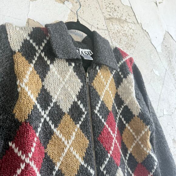 Y2K Argyle Cardigan Full Zip Collared Sweater Gray Red Mustard Preppy Academia L - Picture 4 of 8